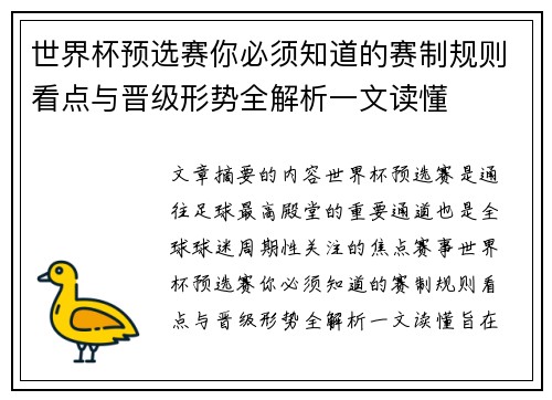 世界杯预选赛你必须知道的赛制规则看点与晋级形势全解析一文读懂