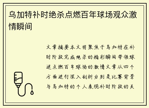 乌加特补时绝杀点燃百年球场观众激情瞬间